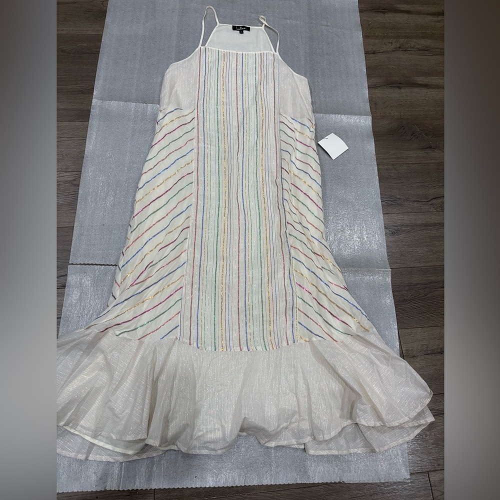 [S]Lulus Girl Power Cream Metallic Multi Striped Ruffled Maxi Dress - Picture 3 of 10